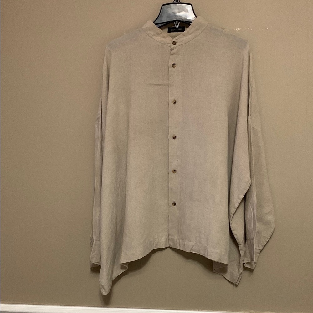 Eskandar Women’s 100% Linen Sloped Shoulder Wide Boxy Collarless Shirt Sand 1X
